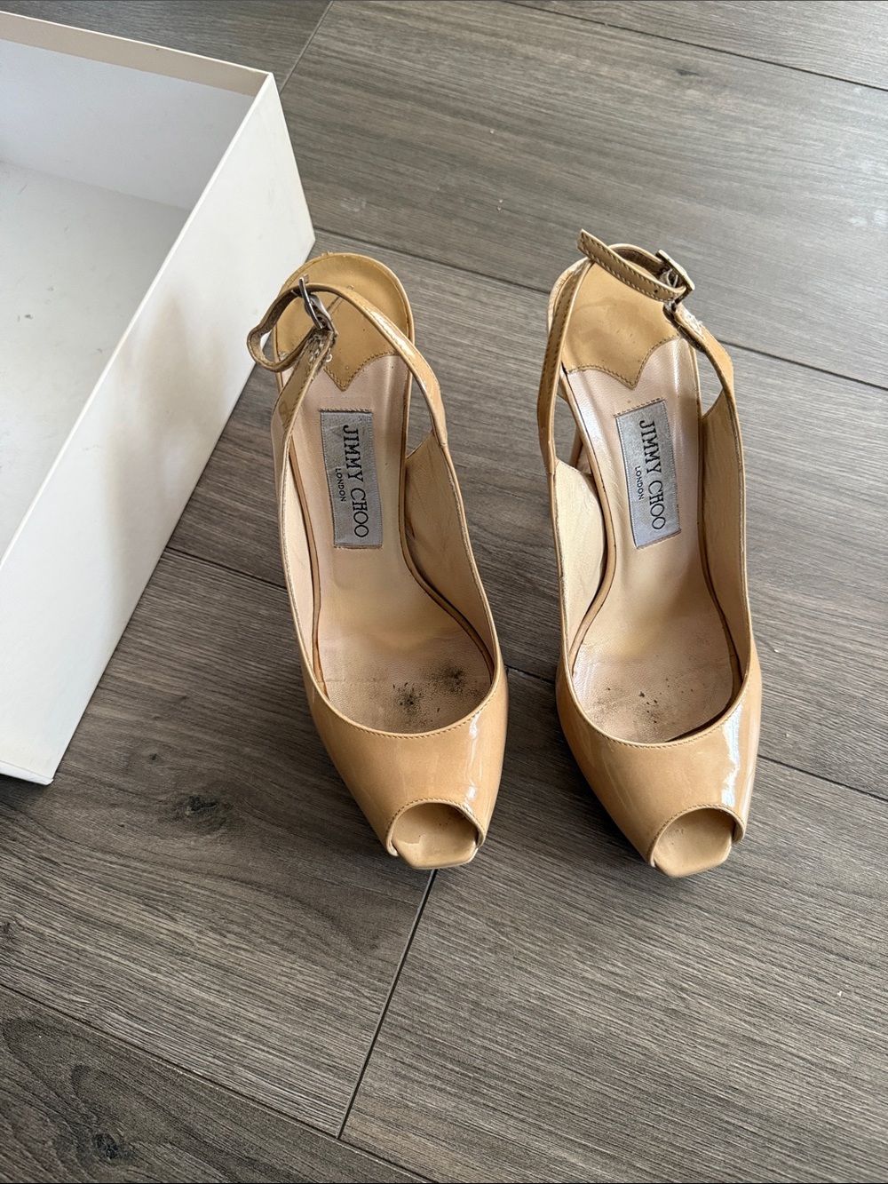 Jimmy Choo Beige Patent Leather Peep-Toe Heels
